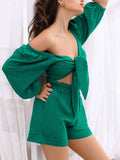 Sexy Lace-up Tops And Shorts Outfits Women Fashion Solid Two Piece Sets 2022 Spring Summer Casual Loose Suits For