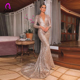 Long Rose Gold Sequin Evening Party Dress Vestido De Festa Robe Long Sleeve Gowns Formal Party Dress Reflective