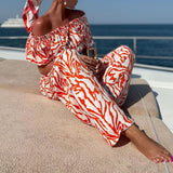 993 Spot Women's Wear Autumn 2025 New One-Line Shoulder Short-Sleeved Top Print Pants Suit Two