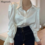 Bubble Sleeve Loose Satin Button Lapel Shirt Elegant Women Shirt Tops White New Chic Women Blouse Blusas Mujer