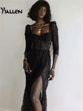 Y2k Fashion Party Vacation Beach Sexy Black Lace Long Dress Women's Spring Quarter Sleeve Mid-Calf Dresses