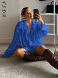 V Neck 2021 Fashion Sequins Blouse Shirts Women Long Sleeve Sexy Party Autumn Winter Club Y2K Vintage Top Elegant