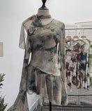 Spice Girls Inclined Shoulder Horn Long-Sleeved T-Shirt Around The Neck With Flowers Lotus Leaf-Lace Mesh Yarn Women