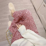 Pink Sequin Midi Skirts For Women Fashion Evening Party High Waist Slim Fit Skirt Long Black Gray Glitter Female