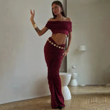 Off-shoulder Crop Top And Ruched Maxi Skirt Set-Outfit