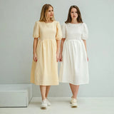 2021 Summer Polka Dot Dress Woman White Yellow Midi Dress Loose Short Sleeve Tassel
