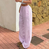Zingj Wind Contracted Striped Woven Pants Women Low Waist Draw Rope Loose Waist Loose Straight Tube Base
