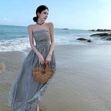Zingj One-Line Neck, Pleated, High-Waist A-Line Dress, Black And White Striped Strapless Holiday