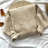 Love Never Fails Butterfly Embroidered Khaki Crewneck Sweatshirt- Outfit