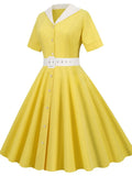 Shirt Rockabilly Dresses Contrast Collar Button Up Short Sleeve Women Elegant High Waist Vintage 60s 50s Midi Swing