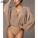 Deep V Neck Sexy Bodysuit For Women Long Sleeve Loose Ruched Body Tops Female Casual Solid Slim Body Suit Party