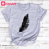 Women Casual Harajuku Fashion T-shirt Feather Print Loose O-neck Short Sleeve Elastic Stretched Summer Home New Tee
