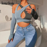 Women Fashion Color Block Hollow Out Slim Crop Tops T Shirt 2022 Spring Autumn Clothes Wholesale Items For