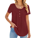Zingj 2024 New Circle Draw Pleated Button Short Sleeve Swallow-Tailed T-Shirt Top-Outfit