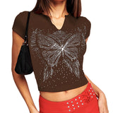 Hot Sale Hip Hop Streetwear Butterfly Print Brown Women Crop Top Summer O Neck Goth Punk E-girl T-shirt Y2K