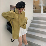 Ulzzang Ruched Oversized Baggy Shirt For Women Spring 2022 Green Button Up Shirt Blouse Long Sleeve Top Korean
