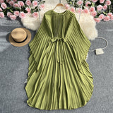 Zingj Light Luxury Temperament Three House Pleated Bat Sleeve Round Collar Loose A-Word Pleated Dress Elegant Long