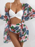2024 New Bikini Gathering Sexy Mesh Three-Piece Set Of Split-Print Swimsuit