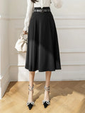 Women's Skirts High Waist Mid-calf A-line Pockets OL Skirt Solid Skirts for Women Vintage Fashion 2023 Summer Pleated Belt