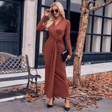 New 2025 Women's V-Neck Solid Color Kink Waist Long-Sleeved