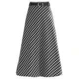 Winter Woolen Houndstooth Midi Skirt With Belt Office Ladies 2021 A-Line Long Skirt For Women Plus Size Plaid Midi