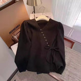 Oblique Button V-Neck Sweater Girls 2024 Spring New Design Super Good-Looking Loose Rope Knitted