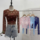Real Shooting Bow Print Bare Back Net Yarn Sunscreen Long-Sleeved T-Shirt Hottie With Chest Pads Two Short Tops
