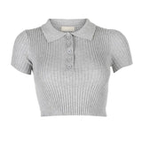 Ribbed Casual Tshirts Cotton Women Summer Short Sleeve Crop T Shirt Ladies Turn-down Collar Solid White Tee