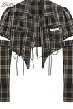 New Women Fashion Vintage Plaid Shirt Hollow Out Long Sleeve Zippers Streetwear Tide Crop Top Gothic Female Blouses