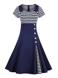 Striped Vintage Summer Flare Tunic Dress High Waist Buttons Short Sleeve Women Clothing Patchwork 60s Rockabilly