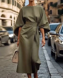 Women's Fashion Temperament Elegant Solid Color Waist Dress Casual Bat Sleeve