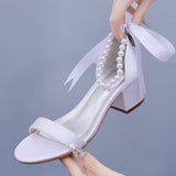 Cm Square Heel Sandals Shallow Mouth With Thick Heel Sandals White Beads Drifted Sandals Bride Wedding