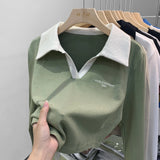 Short Style Polo Shirt Embroidered Alphabet Design Sense Minority Lapel Clavicle V-Collar Blouse Long-Sleeved T-Shirt Women's