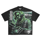 New Skull Print Mode Short-Sleeved Round-Collar Street Wash Hip-Hop Fashion Brand Retro Loose