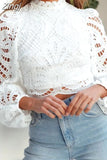 Elegant Women Long Sleeve Lace Blouses Tops White Casual Crochet Hollow Out Turtleneck Stylish Shirts Female