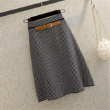 Winter Retro Knitted Plaid Woolen Skirt Women Korean Fashion High Waist Houndstooth Midi Skirt Elegant A-Line Mujer