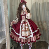 Christmas Lolita Dress Kawaii Women New Year 2024 Sweet Lace Ruffle Patchwork Puff Long Sleeve Red Princess