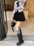 Bow Solid High Waist Pleated A-line Skirt- Outfit