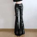 Day Buckle Waist Hollow PU Leather Sleetros Women 2025 Low-Rise Straight Pants New Leather