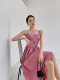 Pink Backless Long Slip Dresses For Women 2022 Summer Texture Tunics A Line Midi Spaghetti Strap Dress Elegant