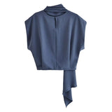 Blue Crop Top Women Pleated Summer Blouses Woman 2023 Tie High Neck Short Sleeve Blouse Female Elegant Chic Woman