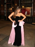 Black Strapless Large Pink Sides Bow Maxi Dress- Outfit