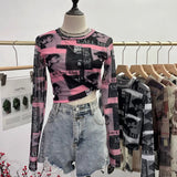 Real Shooting Front Double-Layer Tie-Dye Printing Mesh Long-Sleeved Top Short High-Waisted T-Shirt T-Shirt