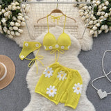Zingj Vacation Wind Knitting Tie Belt Bikini Suit Female Summer Floret Design Sense Small Minority Milk Sweet Pure Desire Three-Piece