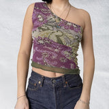 Vintage Chinese Style Print Crop Top Asymmetric Slim Fit One Shoulder Vests E-girl Aesthetic Fashion Women Summer Tank