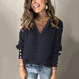 2025 New Lace V-Necked Jacket Sweater Lady Loose Long-Sleeved Solid-Colored