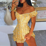 Women Floral Print V-Neck Ruffle Hem Dress Mini Dress Women Summer