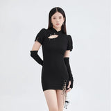 Vintage Black Dress Cheongsam Collar Hollow Out Puff Short Sleeve Casual Fashion High Waist Slit Short Skirt Ladies
