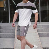 Men Slim Suits 2021 Summer Men's Patchwork Casual 2 Piece Set Fashion O-Neck Short Sleeve Tees And Drawstring Shorts Outfits