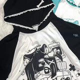 Kawaii Cartoon Print Long T-shirt Women Cute Contrast Hooded Tops Summer Harajuku Lace Patchwork Y2k Aesthetic Tops